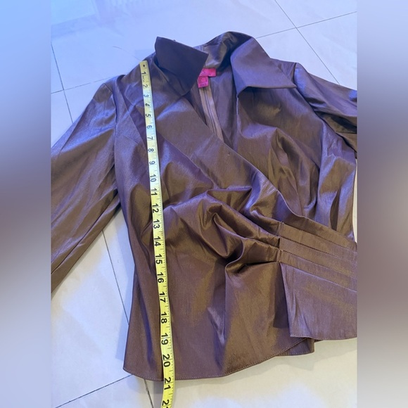 JS Collection  layered Sleeve with cuff Jacket Blazer Brown Satin retro size 10 - Picture 6 of 16